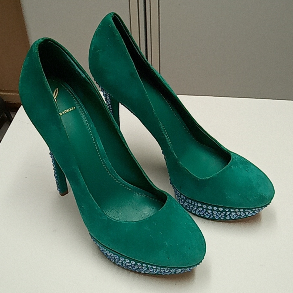 Teal suede and blue rhinestones heels - Picture 5 of 8